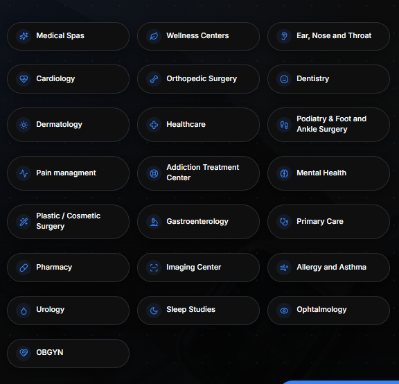 Overview of medical specialties served by our healthcare marketing team
